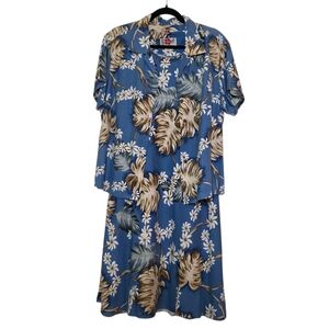 Hilo Hattie Silk Blue Tan Palm Leaf Hawaiian Sundress Button Down Top Set Medium